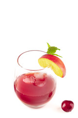 A vibrant red drink with a cherry on a white background with a place for text