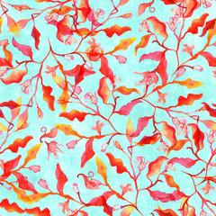 Seamless pattern with abstract branches and leaves and watercolour splashes on a vibrant teal background