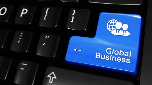 187. Global Business Moving Motion On Blue Enter Button On Modern Computer Keyboard with Text and icon Labeled. Selected Focus Key is Pressing Animation. Marketing Strategy Concept