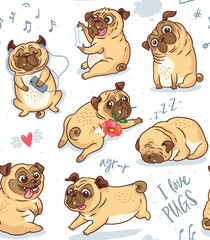 Cute funny pug pupies seamless pattern background