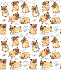 Cute funny pug pupies seamless pattern background - obrazy, fototapety, plakaty
