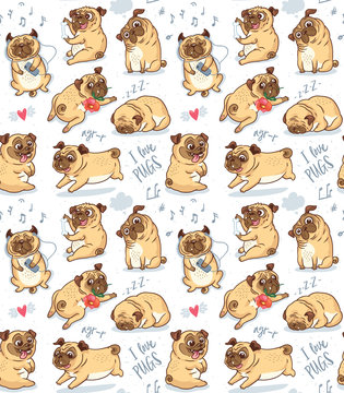 Cute funny pug pupies seamless pattern background