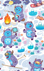 Cartoon Yetis vector seamless pattern. Wallpaper background