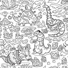 Ink childish pattern with dinosaurs. Cratoon characters with garland, gifts
