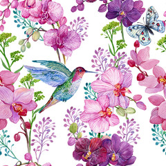 seamless pattern with Hummingbird bird and Orchid flowers.watercolor hand painting © mitrushova
