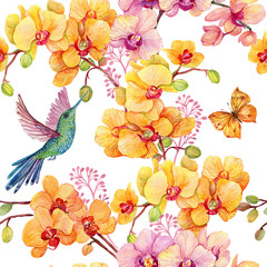 Obraz na płótnie Canvas seamless pattern with Hummingbird bird and Orchid flowers.watercolor hand painting