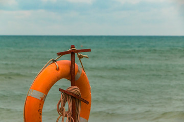 Inventory of rescuers on the beach. lifebuoy on the beach.