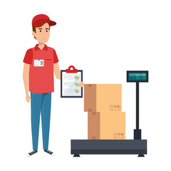 delivery worker with checklist and scale