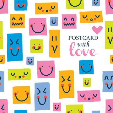 Cute postcard with happy faces. 