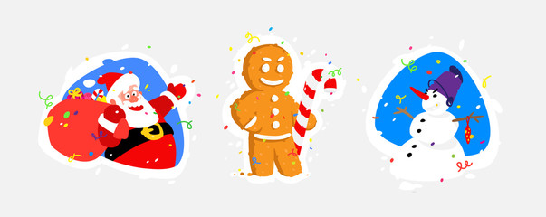 Illustrations of characters for the New Year. Santa Claus, Snowman, Gingerbread. Characters stickers for banner, site and print. Images are isolated on background. Fashionable bright illustration.