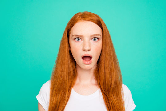 Portrait of nice shocked positive cute bright vivid shiny red st