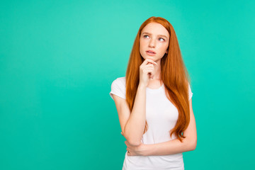 Photo of confused person with long hair, stand in white t-shirt 
