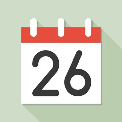 calendar and number twenty six, calendar icon set, flat design vector with long shadow