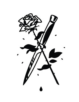 A tattoo featuring a knife and a rose. Vector illustration. Tattoo in the style of the old American school. Image is isolated on white background. Fashionable hipster's tattoo. Contour drawing.