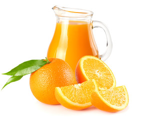 orange juice with orange and green leaf isolated on white background. juice in jug