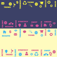 Set of 2 Computer, network panoramic mockups. Words Gears Cloud and tags. Empty space for text logo design banner