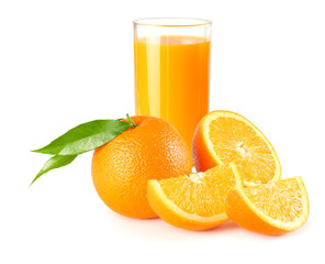 orange juice with orange and green leaf isolated on white background. juice in glass