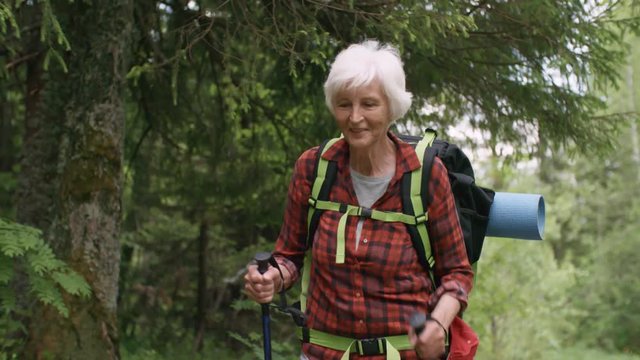 Cheerful senior woman smiling while walking in forest with hiking backpack and trekking poles