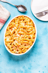 Mac and cheese, pasta baked with cheese sauce.