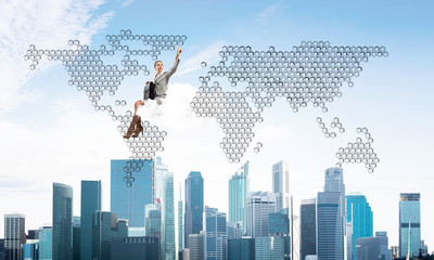 Elegant lady boss or accountant float on cloud and pointing with finger
