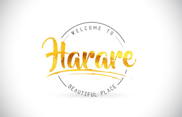 Harare Welcome To Word Text with Handwritten Font and Golden Texture Design.