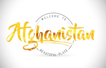 Afghanistan Welcome To Word Text with Handwritten Font and Golden Texture Design.