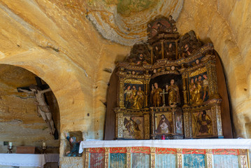 Altar of the rock church of Saints Justo and Pastor, Olleros de Pisuerga, Palencia province, Spain