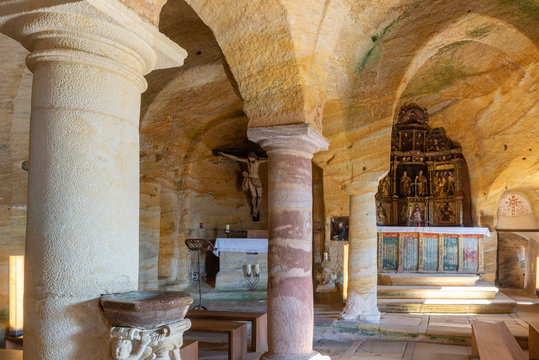 Interior of the rock church of Saints Justo and Pastor, Olleros de Pisuerga, Palencia province, Spain