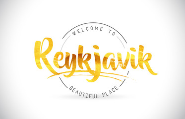 Reykjavik Welcome To Word Text with Handwritten Font and Golden Texture Design.