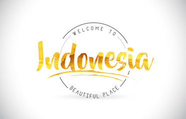 Indonesia Welcome To Word Text with Handwritten Font and Golden Texture Design.