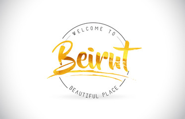 Naklejka premium Beirut Welcome to Word Text z odręczną czcionką i złotą teksturą.
