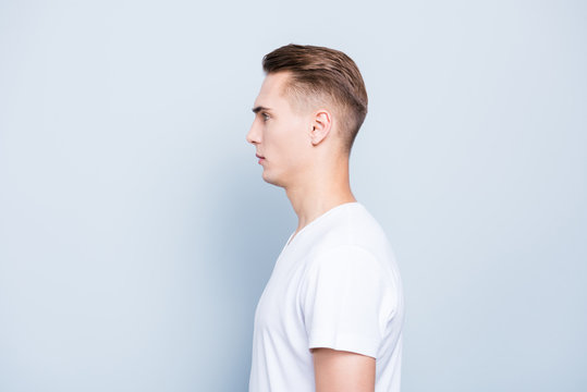 Profile side view photo of young good-looking man isolated on li