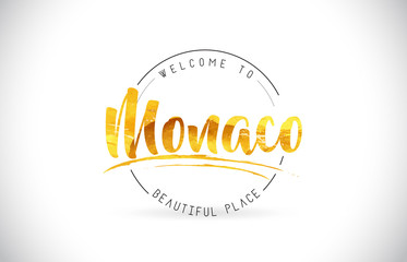 Monaco Welcome To Word Text with Handwritten Font and Golden Texture Design.