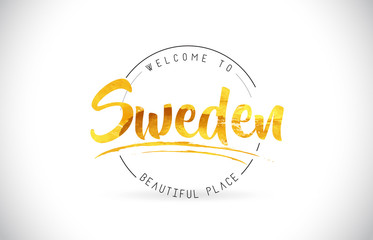 Sweden Welcome To Word Text with Handwritten Font and Golden Texture Design.