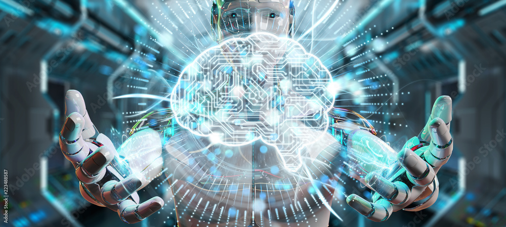 Leinwandbilder white humanoid using digital artificial intelligence icon hologram 3d rendering