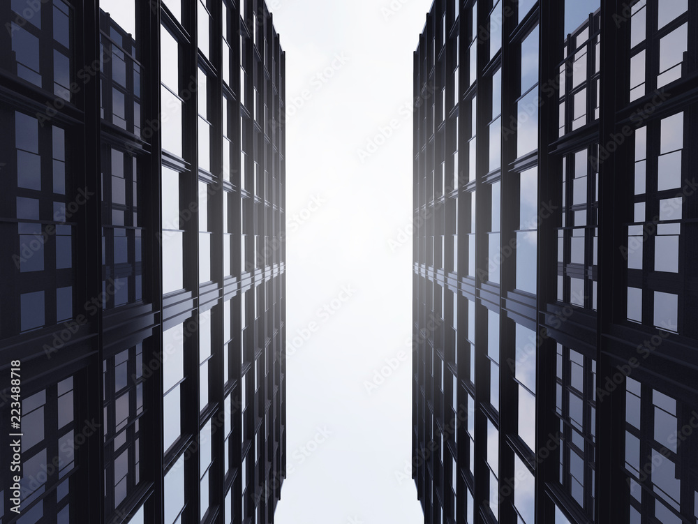 Poster Stimulate image of high rise glass building and dark steel window system on clear sky background,Business concept of future architecture,lookup to the angle of the corner building.3D rendering.