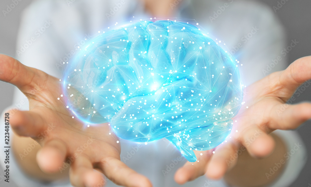 Poster businesswoman using digital 3d projection of a human brain 3d rendering