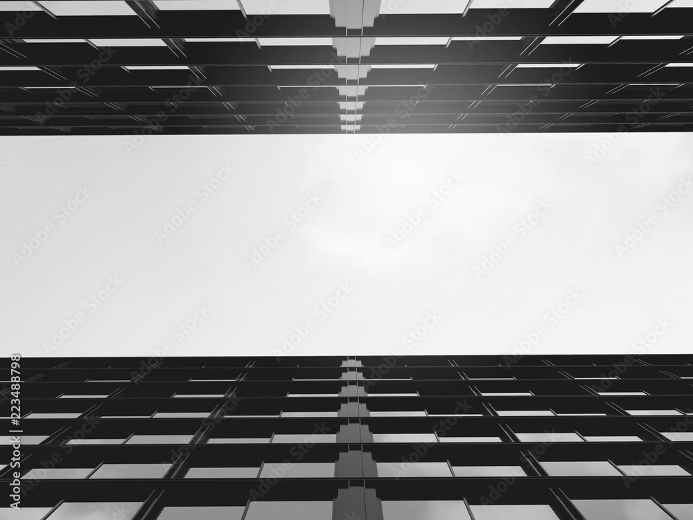 Poster stimulate image of high rise glass building and dark steel window system on clear sky background,bus