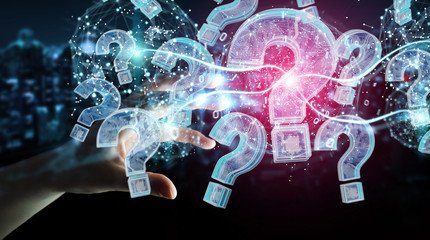 Businesswoman solving problem with digital question marks 3D rendering