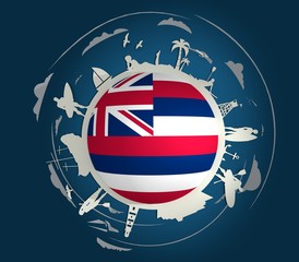 Circle with tropical recreation silhouettes. Objects located around the circle. Human posing with surfboard, ship, palm and lifeguard tower. Hawaii flag in the center. 3D rendering