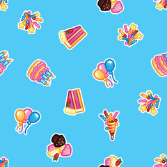 Pattern Birthday cake with candles for celebration party, cake, confectionery cupcakes, colorful balloon, festive flapper and fireworks for holiday. Seamless pattern.