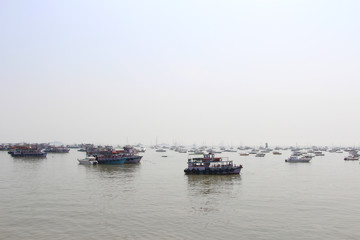 Ganges river and many boats in Varanasi