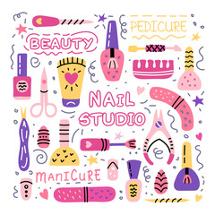 Nail salon manicure pedicure studio doodle icon set