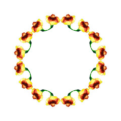 Watercolor illustration on a white background in the form of a wreath of red and yellow flowers of...
