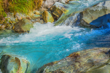 Blue river at Mt. Cook National Park, South Island New Zealand, Summertime