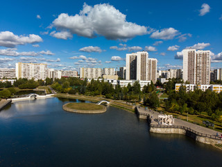 Fototapeta premium view from height of city pond and houses in Zelenograd in Moscow, Russia