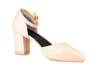 Beige female strap heels leather stiletto shoes isolated on white background
