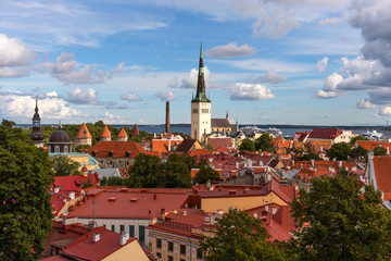 Aerial panoramic cityscape beautiful view of Old Town in Tallinn in summer, Estonia