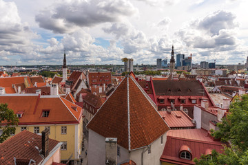 Aerial panoramic cityscape beautiful view of Old Town in Tallinn in summer, Estonia