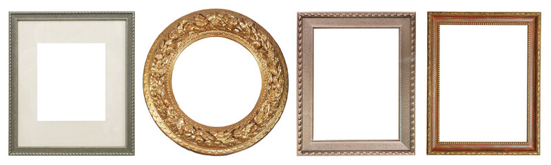 Set of isolated art empty frames in golden and silver color